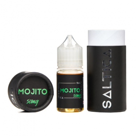 Saltica Mojito Salt Likit 50mg şişe ve ambalaj seti siyah yeşil.